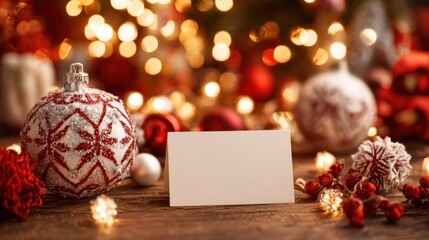 Obraz premium A white card sits on a table with a red and white ornament and other ornaments. The card is blank, and the table is decorated with Christmas decorations. Concept of warmth and festivity