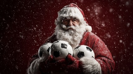 Santa Claus enjoys a snowy day holding soccer balls during the festive season