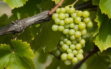 Close up of ripe green grapes on the vine ready to harvest for winemaking and fresh eating