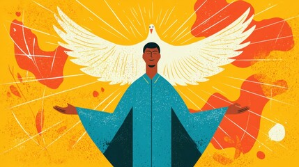 Obraz premium A man is holding a bird in his arms, and the bird is white. The image has a religious theme, and the man is likely a priest or a religious figure. The bird is a symbol of peace and freedom