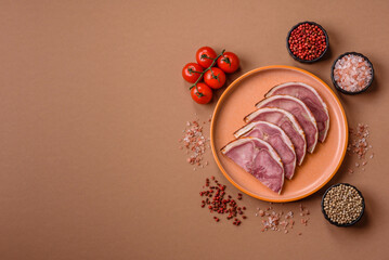 A meat roll made from pork or beef tongue slices with spices. Tongue roll