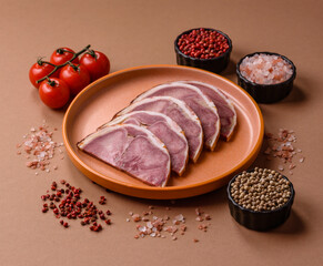 A meat roll made from pork or beef tongue slices with spices. Tongue roll