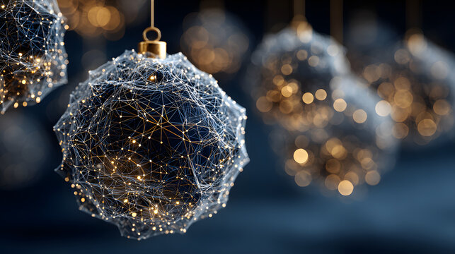 Uturistic wireframe christmas balls in low poly 3d style on blue background featuring glowing lines and digital festive decoration, perfect for modern merry christmas and new year 2026 banner design w