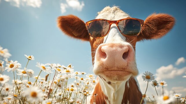 A cow wearing sunglasses and standing in a field of flowers. The cow's sunglasses give it a playful and lighthearted appearance, while the field of flowers adds a sense of serenity