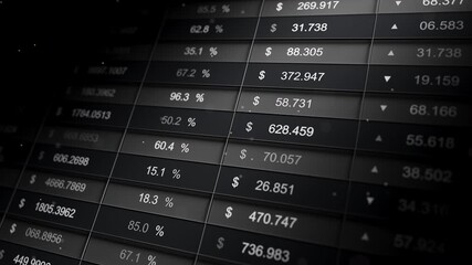 Seamless loop 3D animation of monochrome stock market table with currency prices, percentages, and arrows on a digital screen. Business finance data grid background. - Powered by Adobe