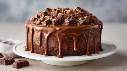 A chocolate cake with chocolate drizzle on top. The cake is sitting on a white plate. The drizzle looks like chocolate syrup