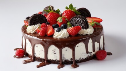 A chocolate cake with strawberries and blueberries on top. The cake is covered in chocolate drizzle and has a white frosting