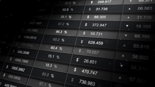 Seamless loop 3D animation of monochrome stock market table with currency prices, percentages, and arrows on a digital screen. Business finance data grid background.