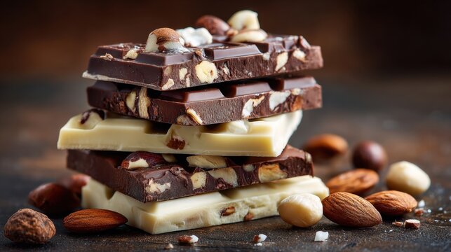 A stack of chocolate bars with nuts on top. Concept of indulgence and luxury, as the chocolate bars are piled high and surrounded by nuts. The combination of the rich chocolate - Powered by Adobe