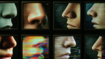 Close-up views of human faces nose displayed on multiple vintage old television screens creating a striking visual contrast in a dark setting