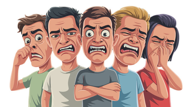 A group of men express an array of negative emotion.