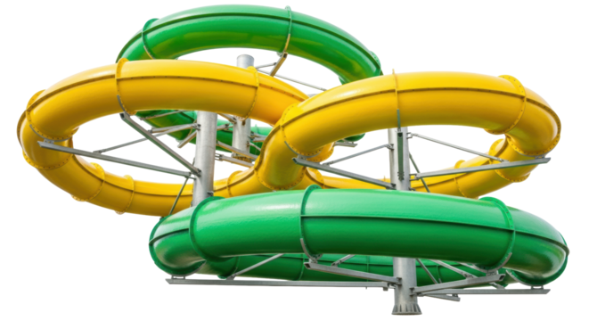 vibrant canary yellow and emerald green plastic water slide components, highly reflective, winding helical curve, isolated and floating on a seamless white backdrop, concept of exhilarating summer fun