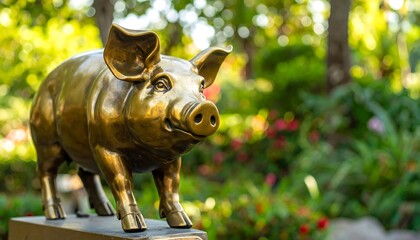 Gleaming golden pig sculpture stands amidst vibrant greenery, bathed in sunlight and out-of-focus background elements
