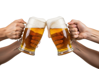extreme close-up of two effervescent golden hefeweizen beers in weizen glasses, thick foam, held by four mid-age male hands clinking in a toast, clean white background. concept for beverage
