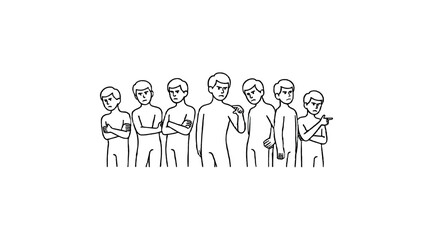 Fototapeta premium Seven individuals stand together in a monochromatic illustration.