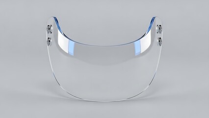 Front view of a clear transparent ice hockey helmet visor and eye shield isolated on a grey background.