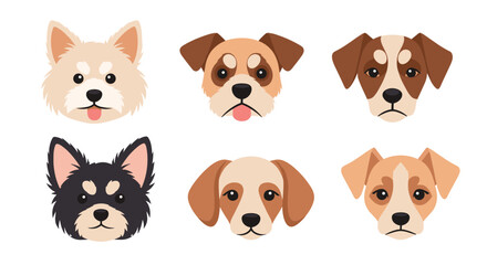 A charming collection of six different cute cartoon puppy dog faces with various breeds and expressions on a white background.