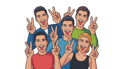 Group of friends making a peace sign and showing tongue.