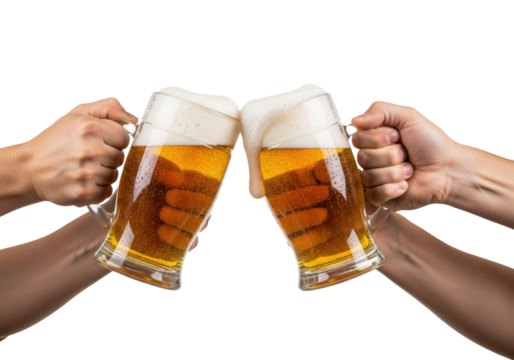 extreme close-up of two effervescent golden hefeweizen beers in weizen glasses, thick foam, held by four mid-age male hands clinking in a toast, clean white background. concept for beverage