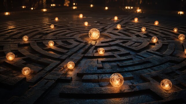 A maze with many glowing orbs in the center. The orbs are lit up and the maze is dark