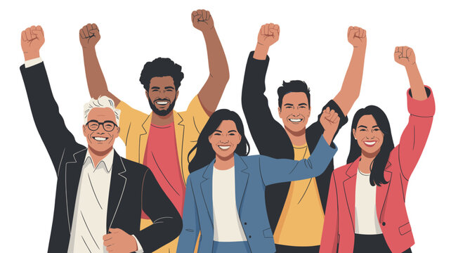 A group of people with raised fists expressing unity and empowerment.