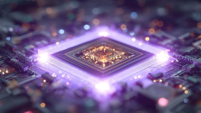 Glowing quantum chip on futuristic circuit board