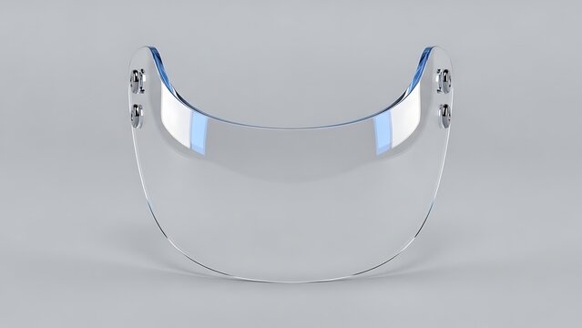 Front view of a clear transparent ice hockey helmet visor and eye shield isolated on a grey background.
