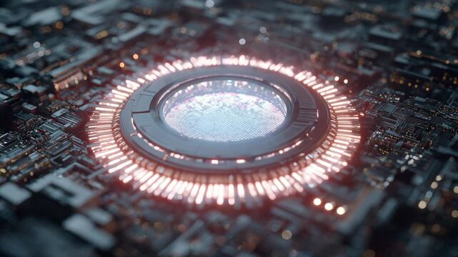 Glowing futuristic circuit core with illuminated digital ring on microchip surface