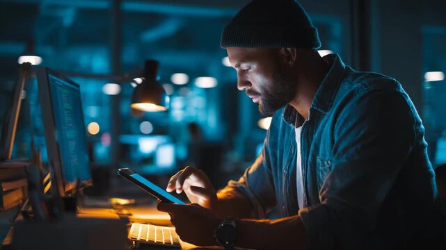 Focused developer working on tablet in dim modern workspace with glowing monitor screens
