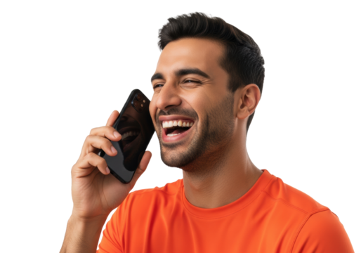 a handsome youthful middle eastern man in a bright orange athletic t-shirt laughs heartily while holding a black smartphone, isolated on a white studio background with copy space, genuine joy and