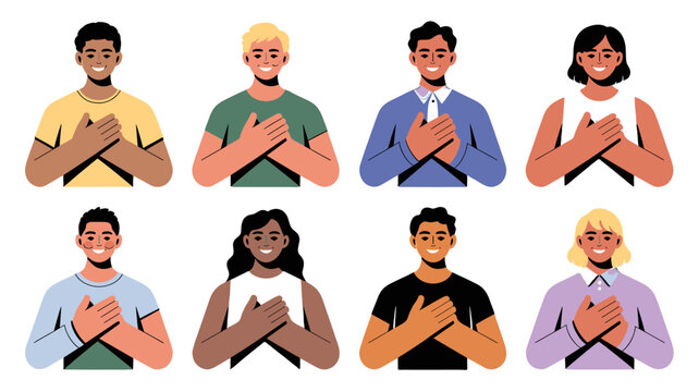 People expressing gratitude and appreciation with hands over hearts.