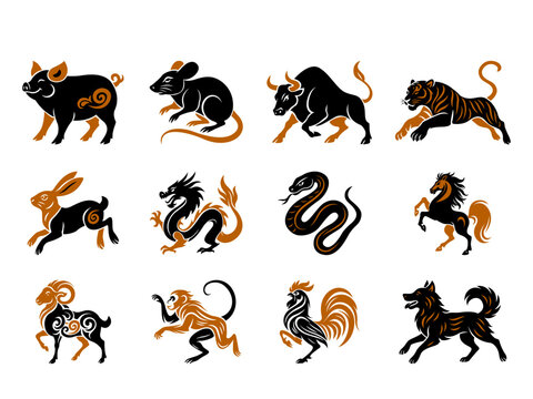 A collection of 12 animals from the Chinese zodiac. Minimalistic flat design for calendars. Vector illustration set isolated on white background.