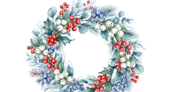 Watercolor christmas wreath with berries and eucalyptus isolated on transparent background - Powered by Adobe