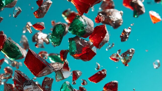 Fractured red and green glass shards floating