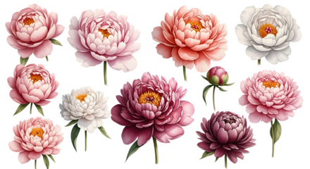 Watercolor peony flowers set isolated on transparent background, floral illustration