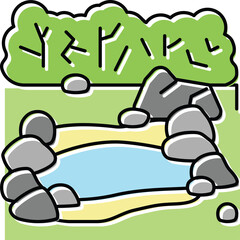 Stylized Illustration Of A Small Pond Surrounded By Rocks And Green Bushes On A Transparent Background With A Flat Design Aesthetic And Vibrant Colors