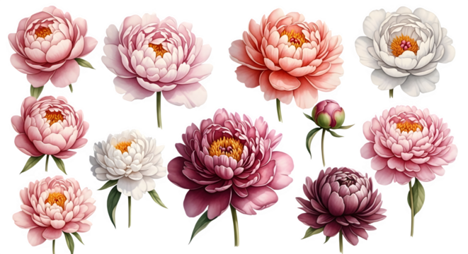 Watercolor peony flowers set isolated on transparent background, floral illustration