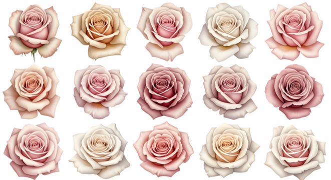 Collection of fifteen watercolor roses isolated on transparent background