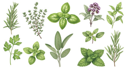 Watercolor illustration of various fresh culinary herbs isolated on transparent background