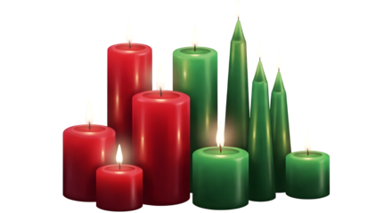 Group of red and green wax candles burning isolated on transparent background