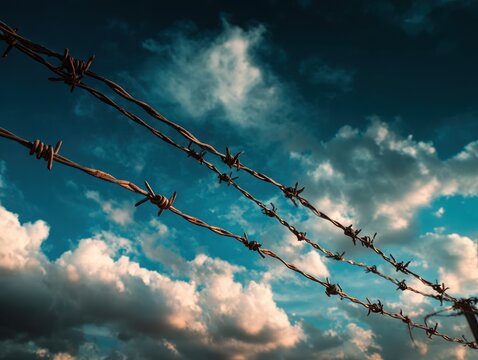Razor wire fence under blue sky at a secure facility perimeter