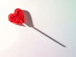 Heart-shaped red lollipop on white background casting a shadow  