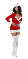 Beautiful woman in Mrs Claus costume on white background. Christmas season