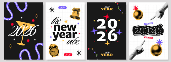 Modern abstract New Year 2026 posters featuring bold typography, halftone textures, grid backgrounds, holiday icons, and vibrant colors for festive celebration graphics.