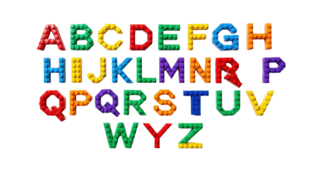 Complete set of 26 uppercase english alphabet letters crafted from vibrant, glossy, multi-colored interlocking constructor bricks, flat lay on a stark white background. Concept of foundational