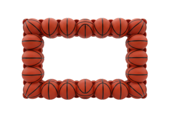 frame of interlocking burnt orange basketballs with detailed pebble texture, against a seamless white studio background and ample copy space interior, conceptual template for sports advertising