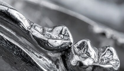 Gleaming silver metalwork displaying textured, ridged forms with a smooth surface, captured in soft, directional light