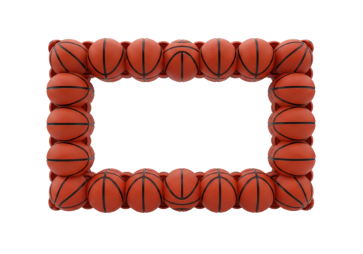 frame of interlocking burnt orange basketballs with detailed pebble texture, against a seamless white studio background and ample copy space interior, conceptual template for sports advertising - Powered by Adobe