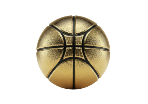 a highly polished, seamless electroplated gold basketball, featuring defined pebble grain texture and black rubber seams, isolated on a sterile white background, concept of luxury achievement