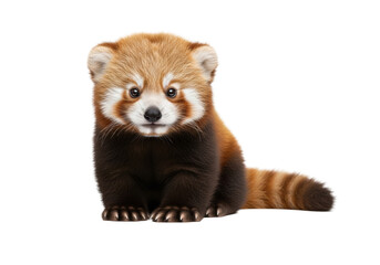 Obraz premium fluffy baby red panda cub with reddish-brown fur and white eye markings sitting on a seamless white background, looking forward with innocence and 'conserve' text, concept for wildlife conservation